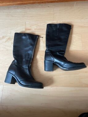 Vintage Mid-Calf Black Block Heel Zipper Boots
